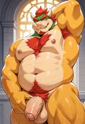 1boy ai_generated anthro arm_behind_head armpit armpit_hair balls beard body_hair bowser chest chest_hair daddy dilf facial_hair furry furry_male furry_only genitals hair horns indoors koopa looking_at_viewer male male_nipples male_only mario_(series) mature mature_male navel nintendo nipples nude penis pubic_hair red_hair reptile scalie smiling solo solo_focus solo_male testicles window yellow_skin