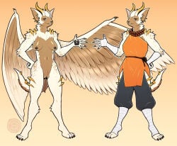 anthro arm_wraps breasts brown_body brown_eyes brown_fur canid canine clothed clothed_anthro clothed_female clothing dalipuff dark_inner_pussy dark_nipples digital_media_(artwork) dragon feathered_wings feathers female fur genitals horn humanoid_genitalia humanoid_vulva hybrid leg_wraps mammal monk_beads mythological_creature mythological_scalie mythology nude nude_anthro nude_female pawpads reference_image scalie shaolin_monk solo spread_wings vulva white_body white_fur wings wraps