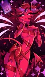 1girls black_hair breasts demon demon_girl demon_horns demon_tail falleninthedark full_body hair hair_ornament heart hearts helluva_boss hips long_hair mature mature_female mature_woman medium_breasts milf mother naked_ribbon paper red_body red_eyes red_skin ribbon smile sparkles tail text thighs tilla_(helluva_boss) wide_hips wrapped wrappings