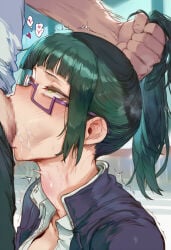 1boy 1girl ai_generated black_hair blowjob cum cum_in_mouth deepthroat glasses green_hair huge_cock jujutsu_kaisen male/female ponytail shivering swirlinghawk throat_bulge throat_fuck yuta_okkotsu zenin_maki