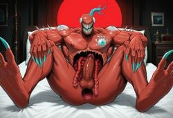 1boy ai_generated anal_gape anus balls bara barazoku bed big_pecs big_penis claws extra_eyes gape gaping gaping_anus grin guts hands_on_knees humanoid intestines limbus_company lobotomy_corporation long_claws long_nails long_teeth male monster monster_boy nipples nothing_there pecs penis sharp_claws sharp_teeth sitting sitting_in_bed sitting_on_bed solo spread_legs stable_diffusion teeth testicles