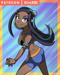 blue_eyes breast_expansion clothed dark-skinned_female dark_skin female gym_leader kiroxiii nessa_(pokemon) nintendo pokemon pokemon_ss solo watermark