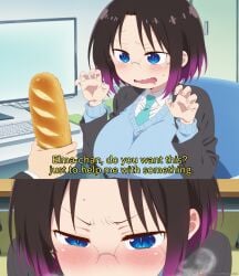 1boy 1girl absurd_res absurdres ai_generated before_oral before_sex big_breasts black_hair blowjob_face blue_eyes bread breasts clothed dragon dragon_girl eating elma_(dragon_maid) eyes_half_open eyes_open female female_focus food fully_clothed funny glasses hands hands-free hentai hi_res high_quality high_resolution highres horny kobayashi-san_chi_no_maidragon looking_pleasured meme multicolored_hair office pervert pervert_female pleasure_face pleasured pov room sawahebi text tie uniform voluptuous voluptuous_female white_body work_uniform