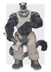 2026 abdominal_scar abs anthro arm_scar arm_tuft axe biceps black_body black_fur black_hair black_sclera boots bottomwear bulge chest_scar chest_tuft clothed clothing clothing_lift crotch_harness dirty dirty_clothing dirty_underwear ear_piercing ear_stud erection eye_scar facial_scar felid footwear fur genital_piercing genitals gradient_hair gradient_stripes grey_boots grey_clothing grey_footwear grey_hair hair heterochromia hi_res holding_axe holding_object looking_at_viewer male mammal multicolored_eyes muscular muscular_anthro muscular_male nipple_piercing nipple_ring nipples open_bottomwear open_clothing open_pants pantherine pants pecs penis penis_piercing piercing prince_albert_piercing pubes pupils purple_eyes red_pupils ring_piercing scar shirt shirt_lift shoes simple_background solo striped_body striped_fur stripes tail tan_bottomwear tan_clothing tan_pants tank_top teeth topwear tuft two_tone_eyes unzipped vein veiny_penis white_background white_clothing white_eyes white_hair white_shirt white_tank_top white_topwear zipper