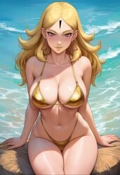 ai_generated beach beach_background bikini blonde blonde_female blonde_hair boruto:_naruto_next_generations breasts delta_(boruto) female female_only golden_bikini golden_week golden_week_bikini naruto_(series) pink_eyes summer thick thick_thighs thighs tiny_bikini triangle_earrings yellow_lipstick