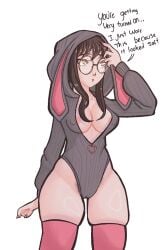 1girls areola_slip areolae areolae_visible_through_clothing brown_hair bunny_ears bunny_hood bunnysuit bush bushy_pubes cameltoe danganronpa_another english english_text fanganronpa female female_focus female_only female_pubic_hair glasses mitsume_kokoro nipple_slip nipples only_female pubes pubic_hair pubic_hair_peek sdra2 self_upload super_danganronpa_another_2 thick_thighs thighhighs thighs white_background yellow_eyes