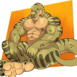 2025 abs absurd_res anthro biceps body_hair chest_hair claws countershade_face countershade_torso countershading crossed_legs darknaigart dinosaur feet green_body hi_res jace_(darknaig) looking_at_viewer male muscular muscular_anthro muscular_male nipples non-mammal_nipples nude_anthro nude_male pecs prehistoric_species reptile saurischian scalie sitting solo stubble theropod tyrannosaurid tyrannosauroid tyrannosaurus tyrannosaurus_rex