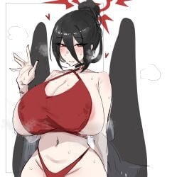 1girl areola_slip bare_shoulders bikini black_hair black_wings blue_archive blush breasts cheng_anderson choker cleavage collarbone commentary_request criss-cross_halter groin hair_between_eyes hair_bun halo halterneck hasumi_(blue_archive) highres huge_breasts long_hair long_hair_between_eyes looking_at_viewer low_wings mole mole_under_eye navel red_bikini red_eyes red_halo single_hair_bun solo swimsuit waving wings