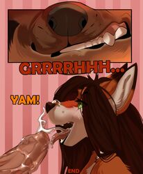 2019 angle_(copperback01) anthro black_lips brown_fur canid canine comic cum cum_in_mouth cum_inside female fox fur green_eyes hair hi_res kira_(copperback01) male mammal nitani open_mouth oral orange_fur smile straight teeth tongue