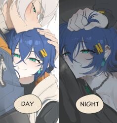 1boy 1boy1girl 1girls bed belle_(zenless_zone_zero) blue_hair blush brother brother_and_sister clothes_removed cute_expression dark_blue_hair day doll_dol1 earrings family female grabbing_hair green_eyes grey_hair hair_grab hoyoverse hug incest incienso light_skin male mating_press necklace night passionate passionate_sex prone_bone siblings sister steam sweatdrop teal_eyes wise_(zenless_zone_zero) zenless_zone_zero