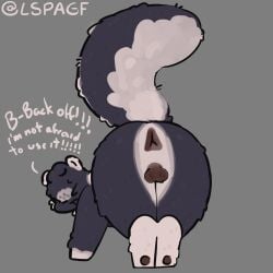 absurd_res anthro balls darkened_balls darkened_genitalia dialogue fluffy fluffy_tail genitals grey_background hi_res lspagf male mammal mephitid multicolored_body pawpads presenting purple_body scared shy simple_background skunk skunk_(lspagf) solo tail two_tone_body warning