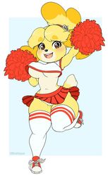 1girls 2019 animal_crossing anthro blithedragon blush bottomless bottomwear breasts canid canine canis cheerleader clothed clothing domestic_dog female footwear fur furry hair isabelle_(animal_crossing) mammal navel nintendo nipple_outline open_mouth pom_poms pompoms pussy shih_tzu simple_background skirt solo thick_thighs toy_dog under_boob video_games yellow_fur