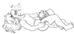 ambiguous_gender anthro bangs belly blush blush_lines bodily_fluids bottomless bottomless_female breath butt claws clothed clothing cunnilingus deltarune duo ear_piercing ear_ring eyes_mostly_closed female female/ambiguous finger_claws freckled_butt freckled_face freckled_legs freckled_shoulders freckles hair hair_grab hand_on_leg hand_on_thigh hi_res human human_on_anthro interspecies kris_(deltarune) kris_dreemurr leg_grab long_bangs long_hair lying mammal messy_hair monochrome narrowed_eyes nude_ambiguous nude_human obscured_eyes on_back on_front open_mouth oral panting piercing pubes reptile ring_piercing scalie sex sharp_fingers sharp_teeth shirt simple_background spicychoccy spot_color susie_(deltarune) sweat sweaty_arms sweaty_belly sweaty_butt sweaty_face sweaty_legs tank_top teeth toe_claws topwear topwear_only touching_hair undertale_(series) vaginal