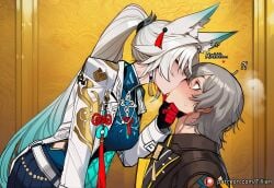 1boy 1girl ai_generated animal_ear_fluff animal_ears blush breasts caelus_(honkai:_star_rail) closed_eyes feixiao_(honkai:_star_rail) fox_ears fox_girl gloves grey_hair hand_on_anothers_chin hetero high_ponytail honkai:_star_rail jacket kiss long_hair multicolored_hair ponytail tillian trailblazer_honkai_star_rail white_hair