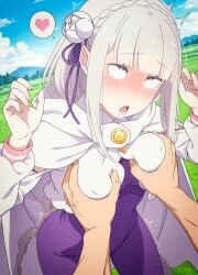 ai_generated elf elf_ears elf_female elf_girl emilia_(re:zero) half-elf light-skinned_female re:zero_kara_hajimeru_isekai_seikatsu reid_astrea_(re:zero) sexual_harassment silver_hair
