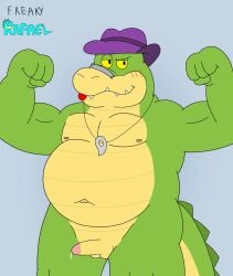 2026 4_fingers alligator alligatorid anthro balls belly biped blue_background blush bodily_fluids brok_(brok_the_investigator) brok_the_investigator clothing cowcat_games crocodilian erection fingers freakyrafael genital_fluids genitals green_body hat headgear headwear hi_res humanoid_hands male moobs musclegut muscular navel nipples overweight overweight_male penis precum red_tongue reptile scalie simple_background solo standing tongue tongue_out