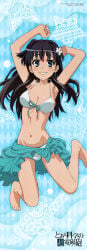 1girl absurd_res armpits arms_up barefoot bikini black_hair blue_eyes breasts cleavage female_focus flower hair_flower hair_ornament highres huge_filesize incredibly_absurdres legs long_hair long_image medium_breasts navel non-web_source official_art sarong saten_ruiko smile solo stick_poster swimsuit tall_image tanaka_yuuichi thighs to_aru_kagaku_no_railgun to_aru_majutsu_no_index