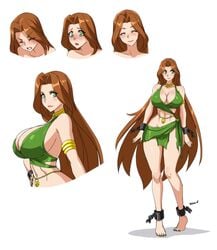 bare_midriff barefoot bikini breasts brown_hair cleavage devil-v female female_only full_body green_eyes green_nails highres huge_breasts original solo swimsuit torn_clothes