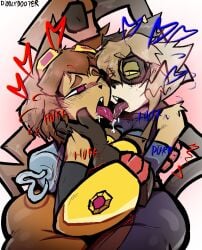2girls anthro anthro_on_anthro bob_cut brown_fur brown_hair cat_ears cat_tail catgirl cyborg cyborg_girl diddlydooter1 female female_focus female_only freckles freckles_on_face fur gameoverse glitch_productions goggles goggles_on_face goggles_on_head heart heart_symbol hearts_around_head kiss kissing kit_(gameoverse) robotic_arm saliva saliva_string saliva_trail scratch_(gameoverse) yuri