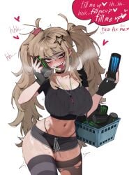 1girls bite_mark bite_marks blonde_hair blunt_bangs blush booty_shorts choker cleavage crop_top dialogue dirty_blonde_hair dolphin_shorts drooling ear_piercing fangs female female_only fingerless_gloves freckles freckles_on_breasts freckles_on_thighs gloves hair_intakes hearts hearts_around_head highleg highleg_panties long_nails mascara_tears miki_(dokidomiki) nail_polish navel painted_nails pink_eyes pink_nails radon1014 running_mascara runny_makeup scar sharp_nails short_shorts shorts skindentation solo speech_bubble text text_bubble thighhighs tongue tongue_out torn_legwear torn_thighhighs tremble_spikes trembling twintails white_background