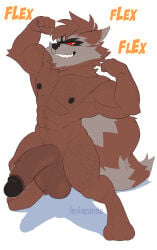 1boy abs animal_ears artist_name bara barefoot claws colored_sclera completely_nude english_commentary english_text fangs flexing furry furry_male grin guardians_of_the_galaxy highres leviapanda looking_at_viewer male_focus marvel marvel_rivals muscular muscular_male nipples nude pectorals penis raccoon_boy raccoon_ears raccoon_tail red_sclera rocket_raccoon smile tail testicles