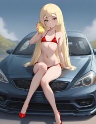 ai_generated ass_focus beautiful_girl blonde_female car female female_only flat_chest green_eyes heavenly_body high_heels lillie_(pokemon) micro_bikini outdoors pokemon pretty_girl sexy_pose slim_female slim_waist slutty_body slutty_female smile_at_viewer tempting_viewer