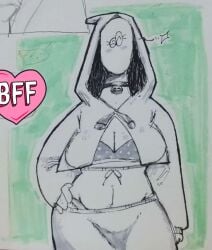 bell beryl_(look_outside) big_breasts bikini boob_window boobs breasts chocker cloak faceless faceless_female female hand_on_hip hood hood_up look_outside midriff robe sketch sketch_page star_(symbol) wink