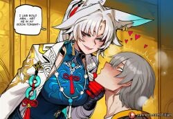 1boy 1girl ai_generated animal_ears assertive_female blue_eyes blush breasts caelus_(honkai:_star_rail) english_text feixiao_(honkai:_star_rail) fox_ears fox_girl gloves grey_hair hand_on_anothers_chin heart honkai:_star_rail large_breasts looking_at_another ponytail speech_bubble tillian trailblazer_honkai_star_rail white_hair yellow_eyes