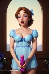 1girls ai_generated artist_name blue_bow blue_dress bow breasts brown_hair cleavage closed_eyes collarbone cowboy_shot dildo disney dress eyeshadow female_human flower hair_bow hi_res holding indoors makeup masturbation medium_breasts open_mouth patreon_username peter_pan peter_pan_(disney) plant potted_plant progenarts puffy_sleeves sex_toy short_hair short_sleeves solo standing teeth watermark wendy_darling window