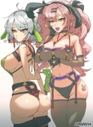 2girls anby_demara big_breasts breasts female female_only green_eyes hoyoverse light-skinned_female light_skin lingerie mihoyo mihoyo_technology_(shanghai)_co._ltd. nicole_demara pink_hair white_background white_hair zenless_zone_zero zergbrush