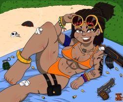1female 1girls abs athletic athletic_female bandage bandaged_arm bandages beach_towel bracelet bracelets brown_hair bullets dani_rojas dani_rojas_(female) dopeisnukat eyewear_on_head far_cry far_cry_6 feet feet_focus female female_focus female_only grass grass_field guns latina necklace orange_eyes orange_fingernail_polish orange_fingernails orange_toenail_polish orange_toenails pistol sand scars scars_all_over sunglasses tattoo tattoo_on_arm tattoo_on_chest tattooed_arm tattoos ubisoft