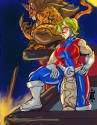 2futas balls big_breasts big_penis blonde_hair bodysuit breasts brown_hair cat_ears cat_tail clothing gloves green_eyes huge_breasts huge_cock hung_gal hyper hyper_penis long_hair mask oc open_clothes outdoors penis red_eyes short_hair smile superheroine tail thick thick_thighs thunder_thighs