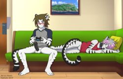 anthro black_penis blush bottomless breasts casual_nudity clothed clothing duo erection eyewear felid female gaming glasses humanoid_penis male mammal pantherine penis playing_videogame pussy raxkiyamato shirt sitting sleeping sofa spread_legs spreading tiger topwear v-cut