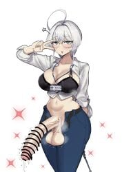 1futa alternate_version_available balls big_balls big_penis blue_eyes bra censor_bar censored censored_penis character_request clothing copyright_request eggcandy excessive_genital_fluids excessive_precum futa_only futanari genital_fluids genitals glasses huge_cock jeans light-skinned_female light_skin looking_at_viewer mostly_clothed no_panties open_clothes open_clothing open_topwear penis penis_out pose posing precum precum_drip saggy_balls shirt short_hair skindentation smiling_at_viewer solo solo_futa testicles veiny_penis video_games white_hair wide_hips