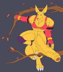 2023 3_toes 5_fingers abs absurd_res anthro armwear balls big_balls big_feet big_penis bloody_roar blue_eyes bra canid canine claws climbing clothed clothing elbow_gloves feet fingers foreskin fox fur genitals glans gloves handwear hans_taubemann hi_res huge_balls huge_penis hyper hyper_balls hyper_genitalia hyper_penis knee_pads konami leaf long_ears looking_at_viewer male mammal muscular muscular_male navel pantsless pecs penis pink_bra pink_clothing pink_gloves pink_handwear pink_underwear plant pointy_ears rxq smile snout solo third-party_edit toes tree underwear vein veiny_penis yellow_body yellow_fur