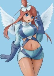 1girl artist_request big_breasts blue_background blue_eyes blue_gloves blue_jacket blue_shorts blush breasts crop_top cropped_jacket game_freak gloves hair_between_eyes hair_ornament highres jacket large_breasts long_hair midriff navel nintendo one_side_up open_mouth pokemon pokemon_black_and_white pokemon_bw red_hair short_hair_with_long_locks short_shorts shorts sidelocks simple_background skyla_(pokemon) solo swept_bangs tan tan_body tan_skin tanned_female wings