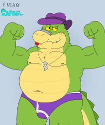 2026 4_fingers alligator alligatorid anthro belly biped blue_background blush brok_(brok_the_investigator) brok_the_investigator bulge clothing cowcat_games crocodilian fingers freakyrafael green_body hat headgear headwear hi_res humanoid_hands male moobs musclegut muscular navel nipples overweight overweight_male red_tongue reptile scalie simple_background solo standing tongue tongue_out underwear
