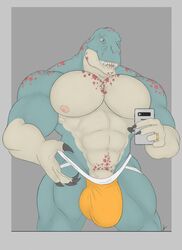 absurd_res anthro big_bulge bulge clothed clothing dinosaur hi_res humanoid_penis jockstrap male male_only muscular muscular_male pecs penis penis_base phone reptile scalie solo tigerfur topless underwear vein