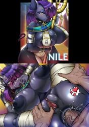 5_fingers 68_(artist) anal anal_juice anal_sex ankh anthro anthro_penetrated areola areolae_peeking ass big_breasts black_areola black_body black_fur black_nipples blush bodily_fluids bracelet breasts censored censored_penis censored_pussy choker cleavage clitoris duo exclamation_point eyelashes faceless_character faceless_male felid feline female female_focus female_penetrated fingers fur genitals gold_jewelry hair hair_over_eye hair_over_one_eye heart_symbol hi_res huge_breasts human human_on_anthro human_penetrating human_penetrating_anthro in_heat_(game) interspecies kemono leg_grab long_hair looking_at_viewer male male/female male_penetrating male_penetrating_female mammal mosaic_censoring mummy_wrappings nile_(in_heat) nipple_bulge nipples nipples_visible_through_clothing object_between_breasts pelvic_curtain penetration penile penile_penetration penis penis_in_ass purple_hair pussy sex sideboob solo_focus speech_bubble spread_legs spread_pussy spreading staff staff_between_breasts standing teeth thick_thighs thigh_grab wraps yellow_eyes