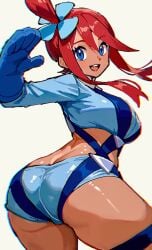 1girl 1girls ass big_breasts blue_eyes blue_jacket blue_shorts breasts butt_crack commentary_request cowboy_shot crop_top cropped_jacket dark-skinned_female dark_skin flower from_behind game_freak gloves hair_between_eyes hair_flower hair_ornament highres jacket large_breasts looking_at_viewer nintendo nougoku_uni one_side_up open_mouth pokemon pokemon_black_and_white pokemon_bw pouch red_hair short_hair_with_long_locks short_shorts shorts sidelocks simple_background skyla_(pokemon) smile solo swept_bangs teeth thigh_pouch thigh_strap thighs upper_teeth_only
