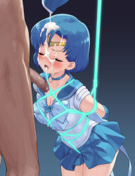 1boy 1girl after_fellatio arms_behind_back bdsm bishoujo_senshi_sailor_moon blue_eyes blue_hair blue_skirt bondage bound bound_arms breasts bright_pupils censored circlet cleavage commission cum cum_in_mouth cum_on_body cum_on_hair facial frown funitarefu hetero highres medium_breasts mosaic_censoring penis pixiv_commission pouring rape restrained sailor_mercury school_uniform serafuku shirt skirt variant_set white_pupils white_shirt