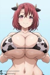 1female 1girl 1girls 2026 ai_generated animal_ears animal_print artist_name big_ass big_breasts bikini blue_background blush breasts cleavage closed_mouth collarbone cow_ears cow_girl cow_girl_(goblin_slayer) cow_horns cow_print curvy female female_only goblin_slayer hi_res high_quality high_resolution highres horns huge_ass huge_breasts looking_at_viewer navel o-ring patreon patreon_username red_eyes red_hair short_hair simple_background smile solo swimsuit unjobdespiert upper_body watermark