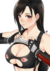 1girls areolae big_breasts black_bra black_hair bra breasts clothing_cutout earrings elbow_gloves elbow_pads female female_only final_fantasy final_fantasy_vii final_fantasy_vii_remake gloves highres jewelry large_breasts lifted_by_self long_hair looking_at_viewer millipen_(medium) nipple_cutout nipple_zipper nipples red_eyes solo sports_bra square_enix suspenders tank_top tifa_lockhart traditional_media underboob underboob_cutout underwear upper_body xter xtermination zipper zipper_pull_tab