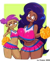 2girls alternate_costume alternate_version_available big_breasts black_eyes black_lips black_lipstick bottomwear breasts cheerleader cheerleader_outfit cheerleader_uniform dark_blue_hair daughter enid fangs female female_only hair half-closed_eyes hand_on_hip hand_on_shoulder hips holding_object huge_breasts lips lipstick lo_franco long_hair mature mature_female mature_woman milf mother mother_and_daughter ok_k.o.!_let's_be_heroes pink_hair pink_skirt pom_poms red_eyes short_skirt skirt small_breasts thighs tied_hair topwear underboob vampire vampire_girl wide_hips wilhamena