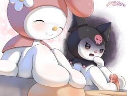 absurd_res anthro blush chibi demon dialogue digital_media_(artwork) duo erection feet female foot_fetish foot_focus foot_play footjob fur genitals group hi_res human kuromi lagomorph leporid male male/female mammal onegai_my_melody open_mouth pawsolie penis rabbit sanrio sex smile tail trio white_body