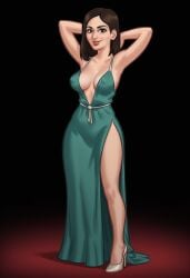 1girls 2d 2d_(artwork) ai_assisted ai_generated breasts brown_hair brunette cleavage clothed clothing daeisi digital_drawing_(artwork) digital_media_(artwork) dress female female_focus female_only nadya_(summertime_saga) pose posing presenting presenting_breasts red_carpet russian_female showing_off simple_background summertime_saga thick_thighs