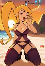 1girls 2020s 2026 ai_generated beach big_breasts blonde_hair cleavage curvy fellatio_gesture female_only gameoverse garter_belt garter_straps gesture gesturing_at_viewer legwear light-skinned_female light_skin michellesme miss_information_(gameoverse) panties ponytail purple_lingerie purple_panties solo sun sunset thighhighs twitter_link villainess western_cartoon