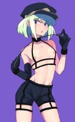 1boy 1femboy androgynous blush blushing bob_cut choker collar costume embarrassed femboy femboy_only femboydom feminine_faced_male feminine_male gloves lio_fotia male_stripper minishorts nipple_slip petite petite_body petite_male police_hat promare short_hair short_male shorts slim slim_male slim_waist solo stripper stripper_clothes thigh_strap thin_waist twink whip