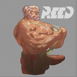 balls bara beard body_hair boner erection facial_hair male male_only muscles muscular overwatch pantsless penis reed_sp_626 reinhardt scar scar_across_eye solo solo_male white_hair