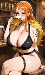 1girl ai_generated arm_tattoo ass beer big_ass big_breasts big_butt big_thighs blush bracelet breasts brown_eyes capelet crop_top curvy curvy_body curvy_female curvy_figure detailed detailed_background drinking female female_only gigantic_breasts huge_breasts large_breasts legs legs_crossed long_hair miniskirt nami_(one_piece) navel necklace no_underwear one_piece one_piece:_elbaf_arc open_mouth orange_hair original_artwork pearl_earrings sitting solo_female sweat sweating tavern tavern_background thick_thighs thighs wide_thighs